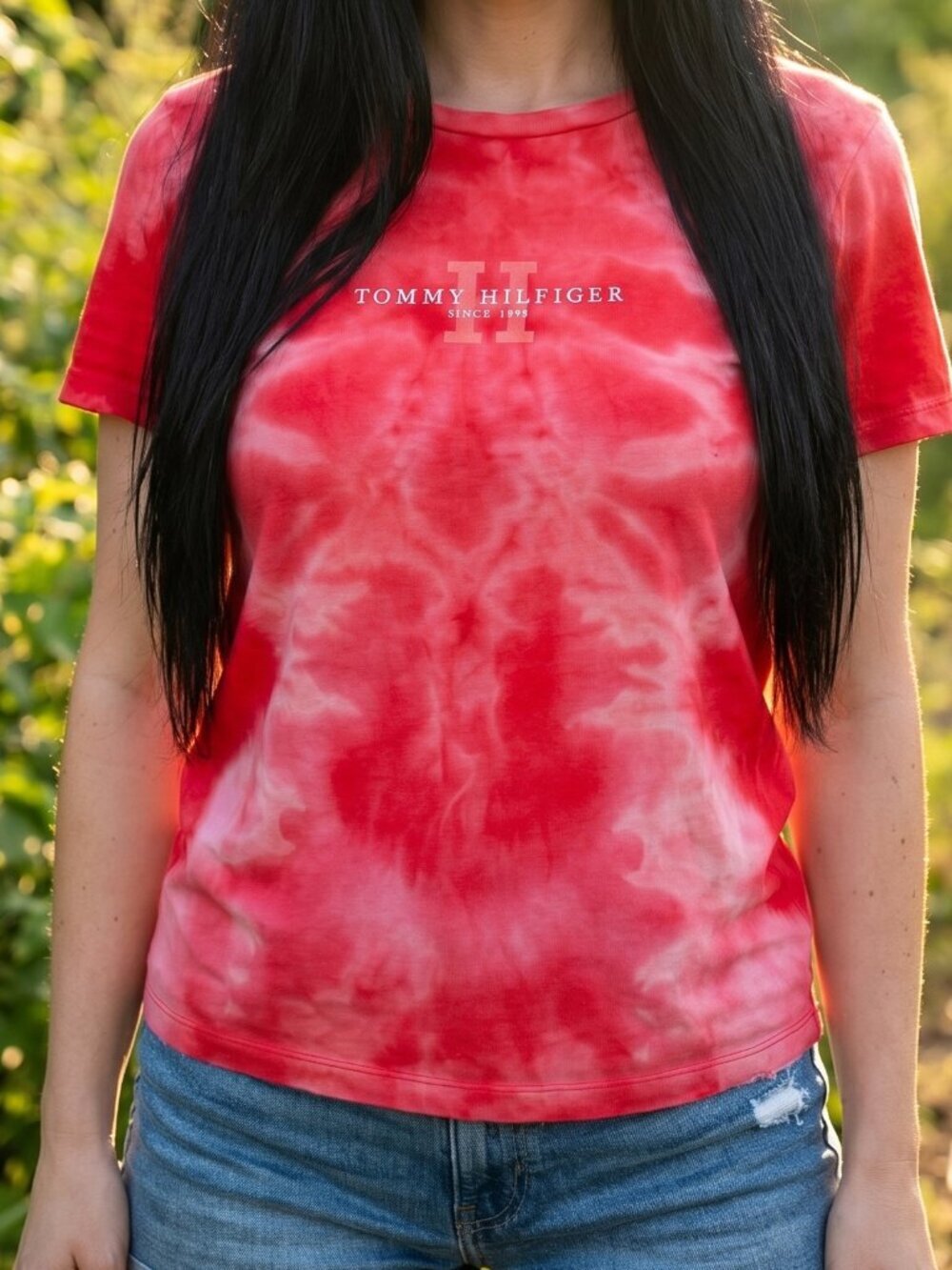 Tommy Hilfiger Pink White Tye Dye Acid Wash Tee T Shirt Size Medium Cotton